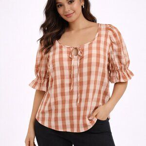 MODCLOTH Women's Picnic Plaid Gingham Puff Sleeve Blouse - Size Medium